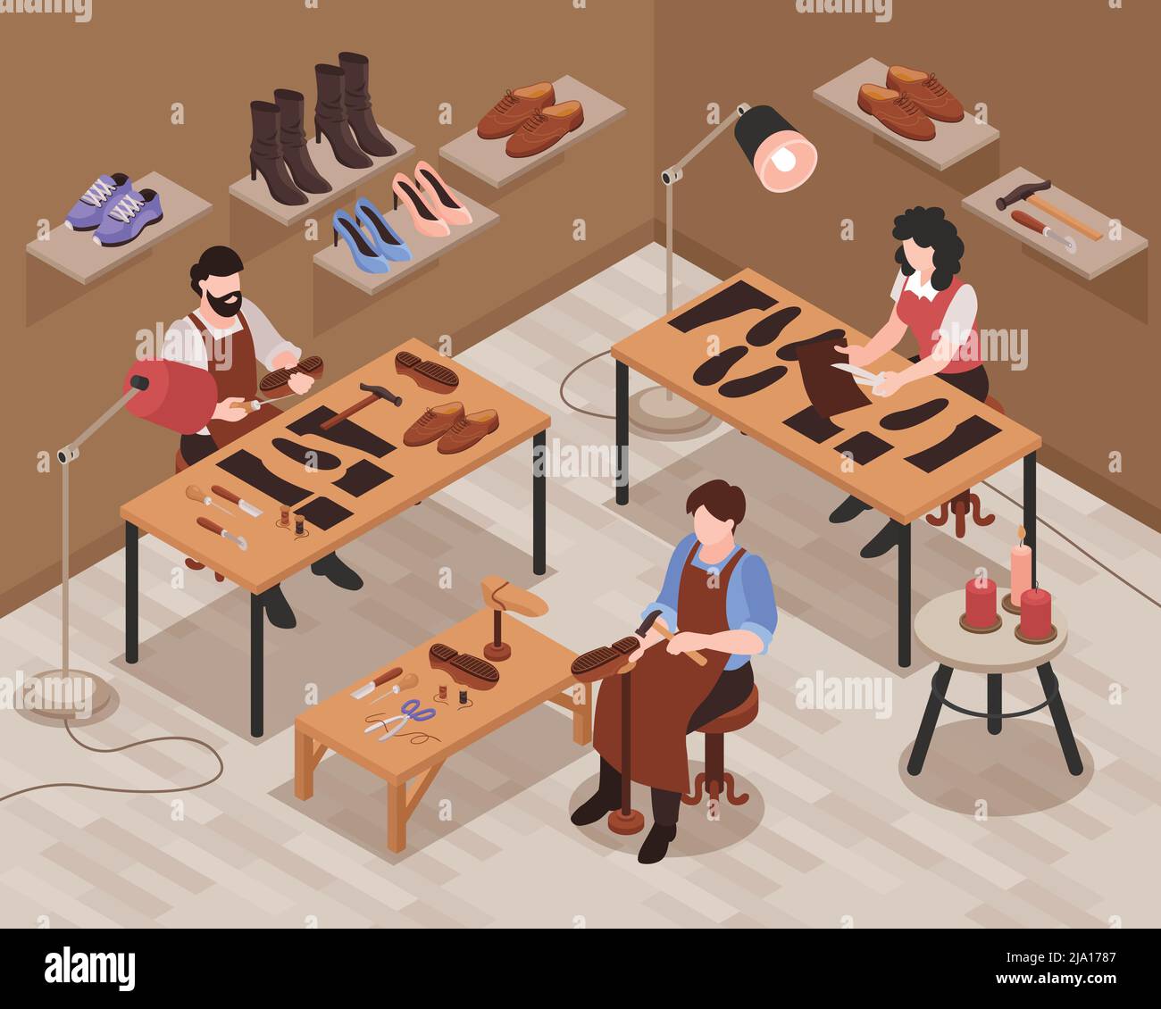 Shoemaker shop interior isometric composition with craftsmen repairing and making customer shoes footwear by hand vector illustration Stock Vector