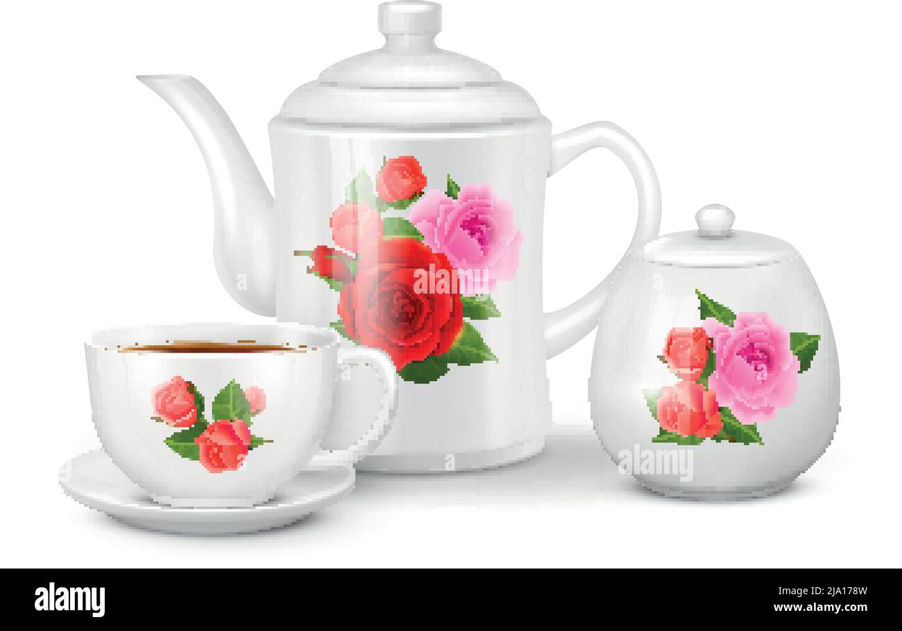 Realistic porcelain tea or coffee set with white cup saucer teapot and sugar bowl with floral ornament vector illustration Stock Vector