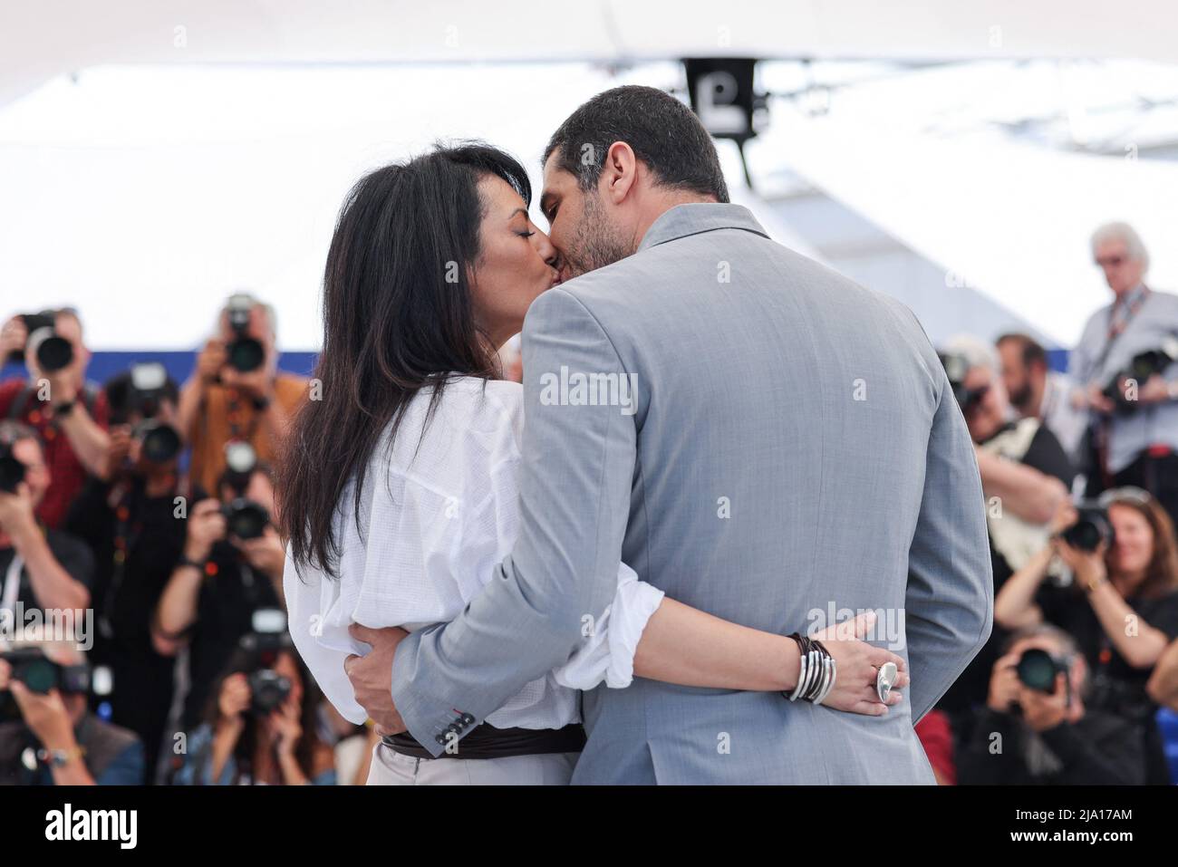 Cannes, France. May 26, 2022, Maryam Touzani and Nabil Ayouch attend the  photocall for "Le Bleu Du Caftan (The Blue Caftan)" during the 75th annual  Cannes film festival at Palais des Festivals