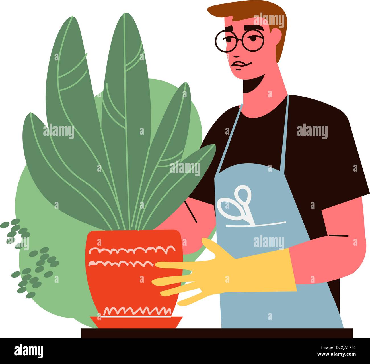 Gardening composition with character of male gardener holding flower in pot vector illustration Stock Vector