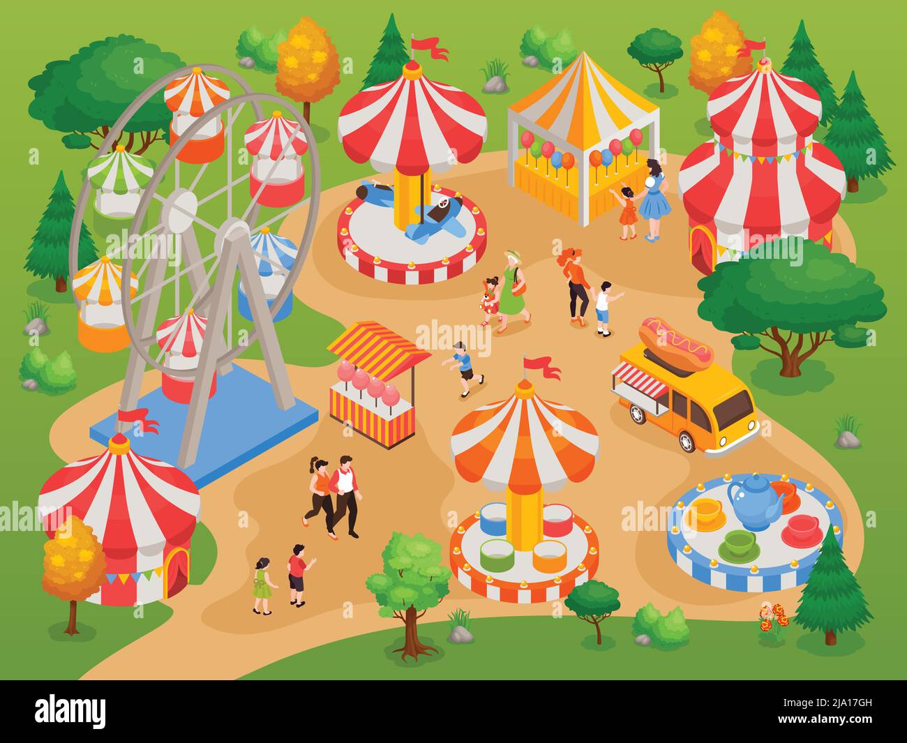 Amusement park for children with attractions and fun isometric background vector illustration Stock Vector