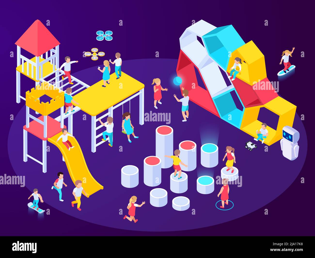 Modern futuristic playground isometric composition with images of play equipment with holograms robots and playing kids vector illustration Stock Vector