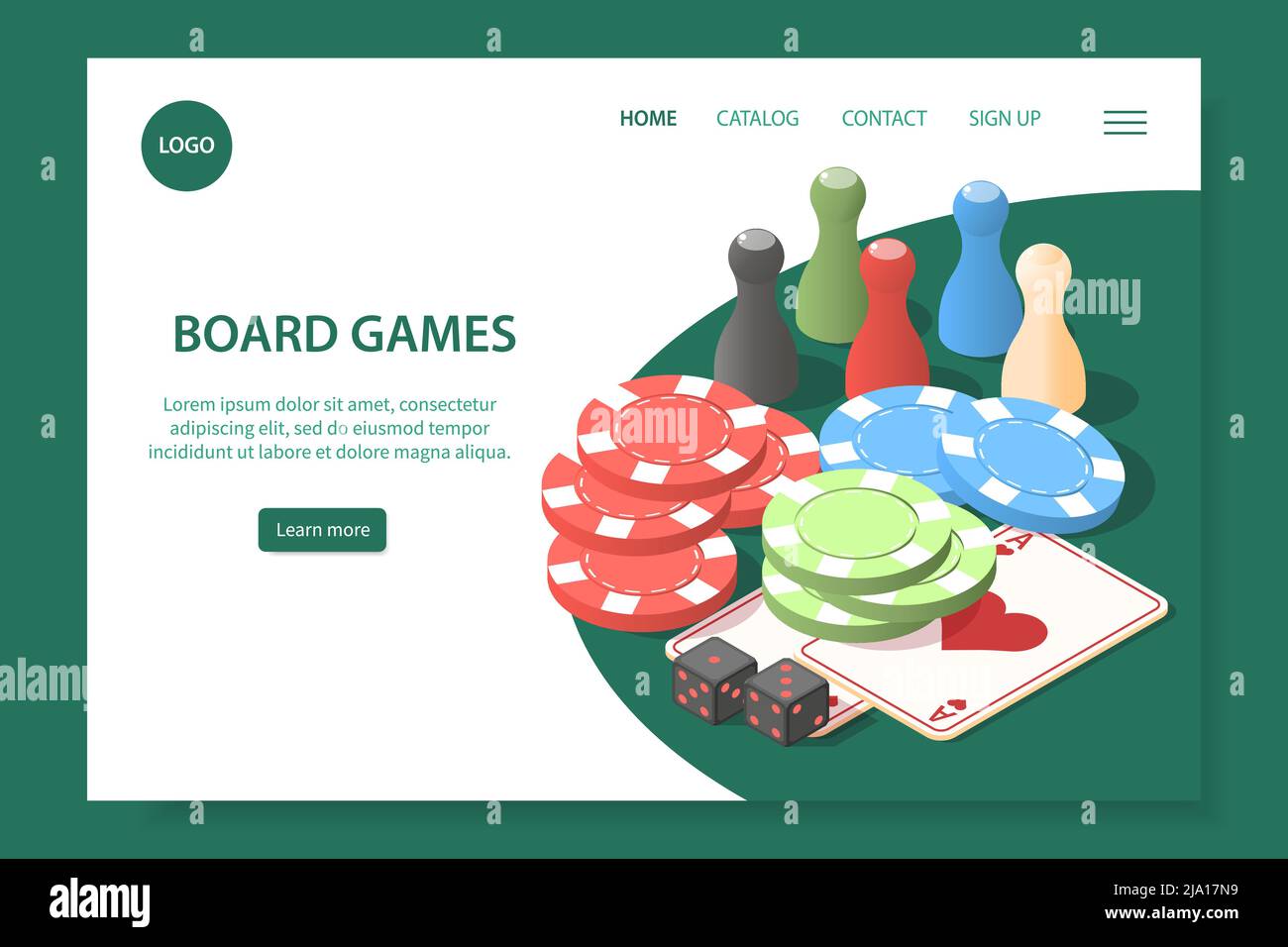 Board games web site landing page with 3d cards chips figures and cubes isometric vector illustration Stock Vector
