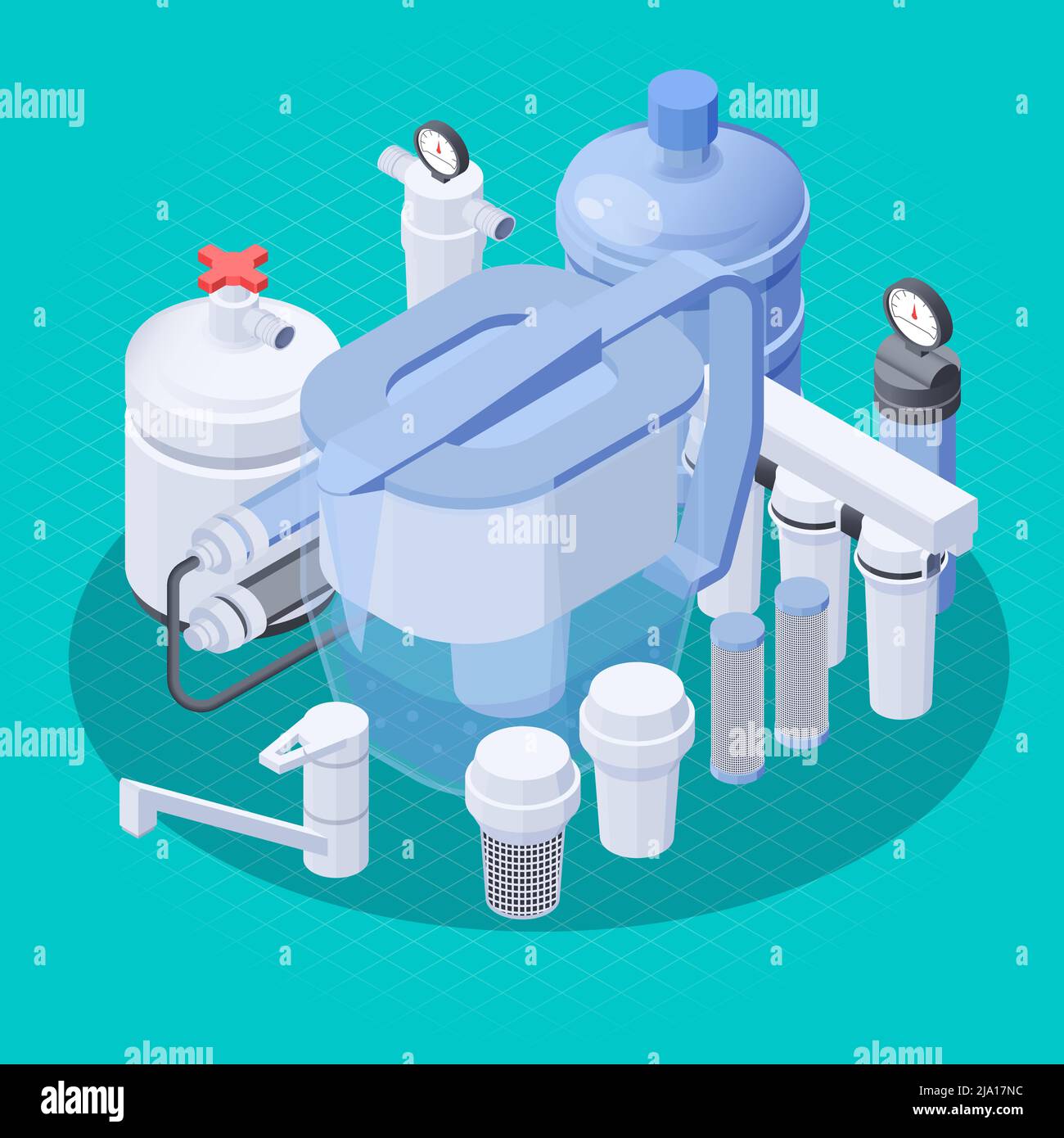 Modern water filtration system with faucet jug bottle 3d composition