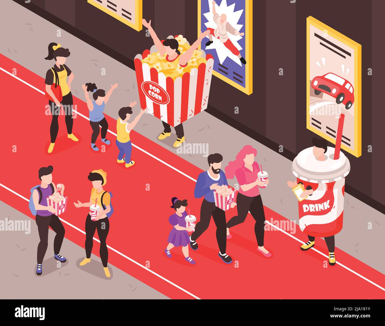 Fastfood promoters in snacks and soft drinks costumes approaching customers on red carpet isometric composition vector illustration Stock Vector