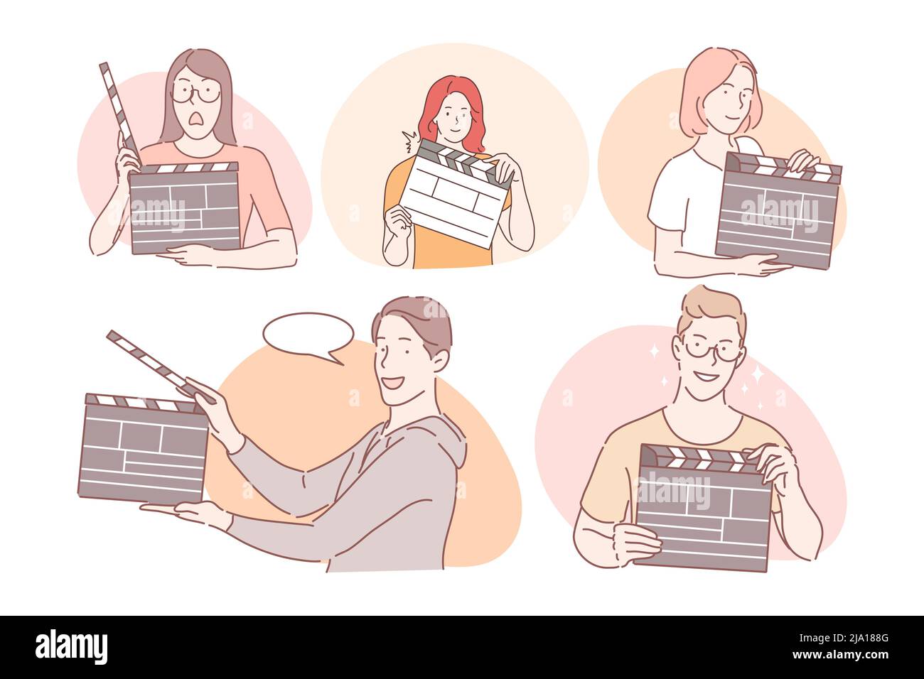 Filmmaking workers with clapperboard concept. Young positive men and women working in cinema production with movie clapperboard and clapping for another take during filmmaking vector illustration  Stock Vector