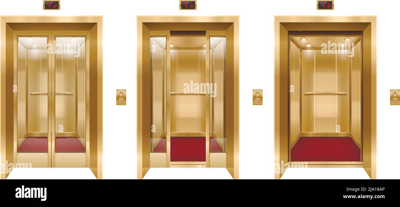 Elevator door realistic set of three images with golden side post and transparent elevator entrance doors vector illustration Stock Vector