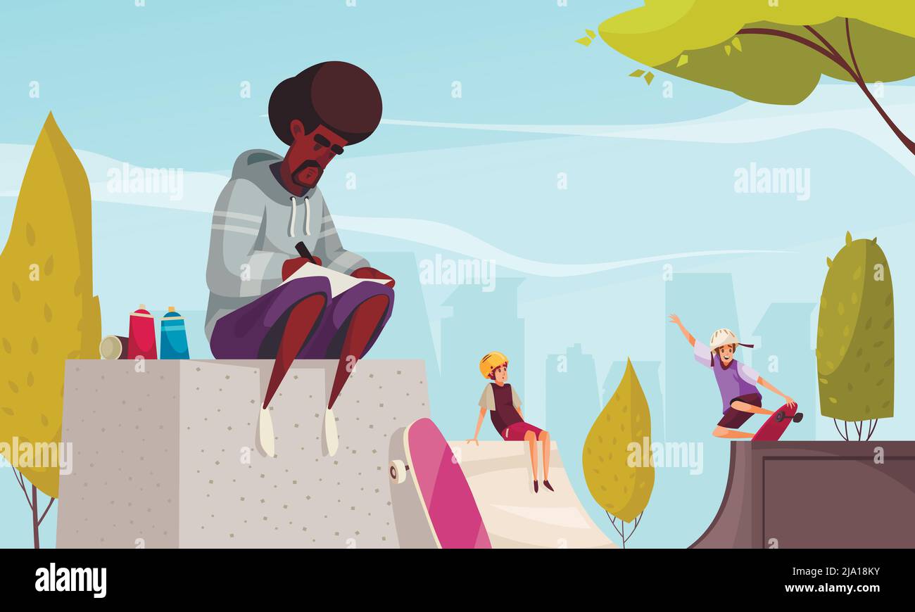 Young street artist in hoodie sketching graffiti design sitting on ramp