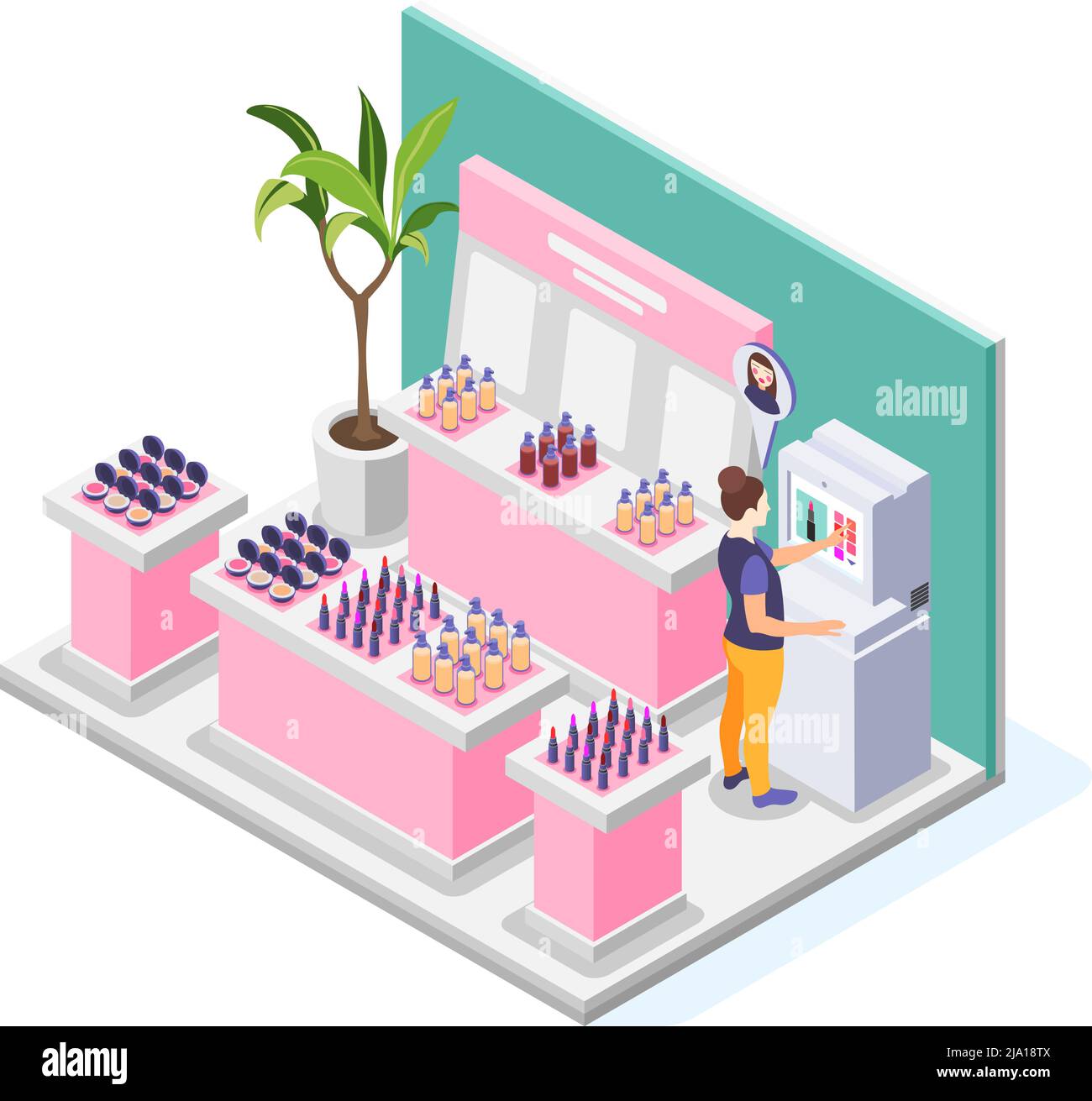 Virtual makeup composition with view of beauty store with shop displays cosmetic products woman and computer vector illustration Stock Vector