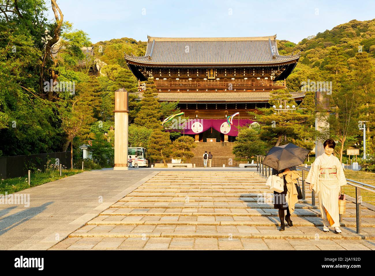 Japan. Kyoto. Woman dressed with traditional kimono at Chion in temple Stock Photo
