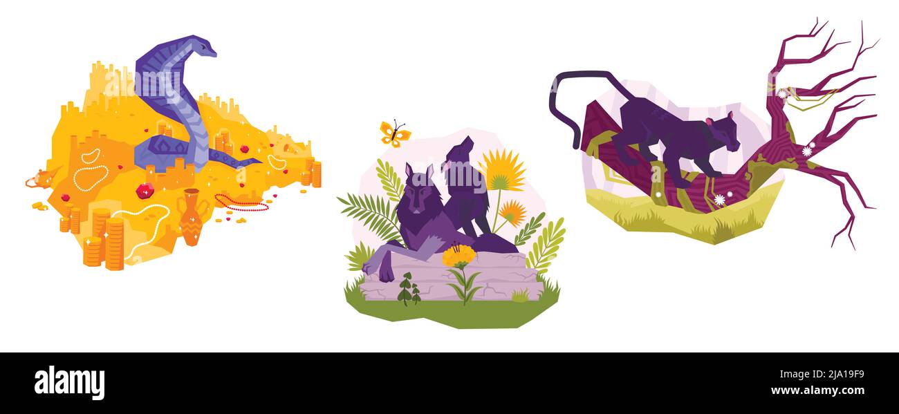 Animals flat icon set with the snake guards the treasure the wolves ...