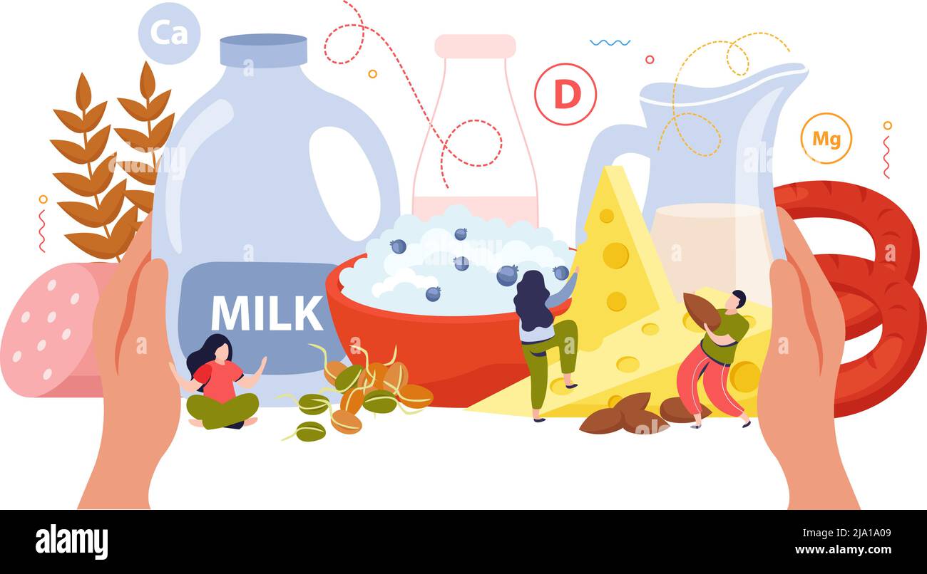 Visual Routine Milk Milk usage flat concept with kid of dairy products including cheese and ...