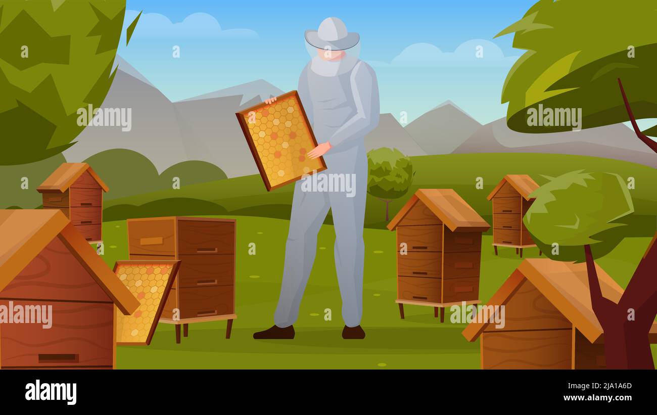 Bee apiary in rural landscape horizontal flat composition with beekeeper holding frame with honeycombs vector illustration Stock Vector