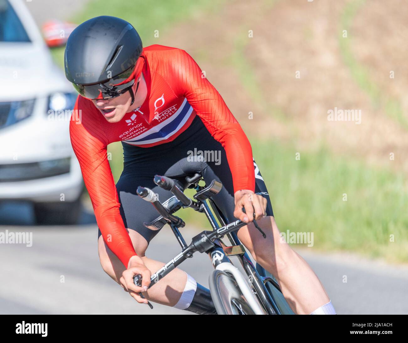Puidoux Switzerland. 26th May, 2022: Jerome Gauthier of Canada is in action during Prologue of the M19 2022 'Tour du Pays de Vaud'. Prologue of the U19 cycling 'Tour du Pays de Vaud' took place in the village of Puidoux and in the heart of Lavaux. Credit Eric Dubost/Alamy Live News. Stock Photo