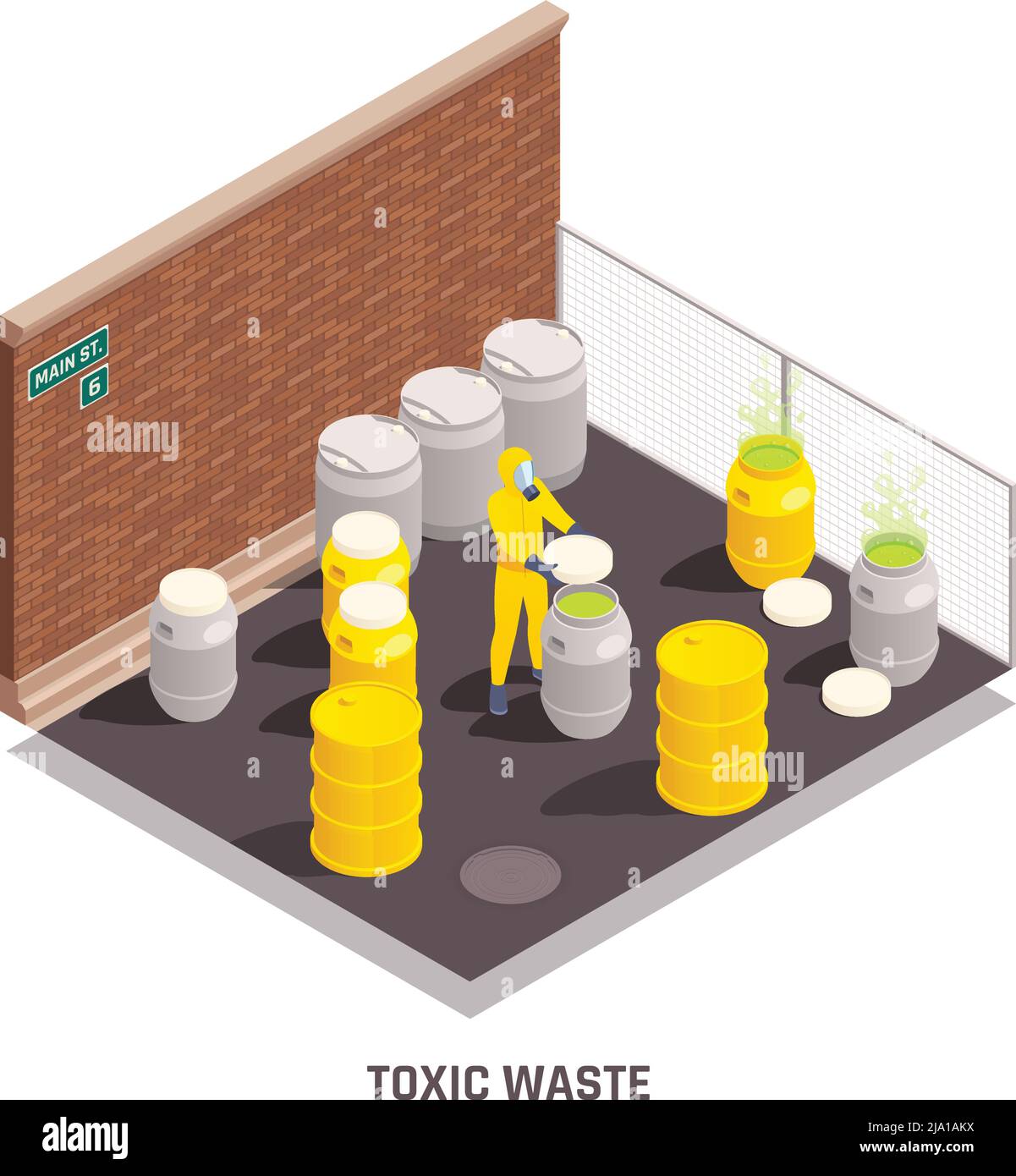 Colored isometric toxic waste nuclear chemical pollution biohazard composition with drums with toxic substances vector illustration Stock Vector