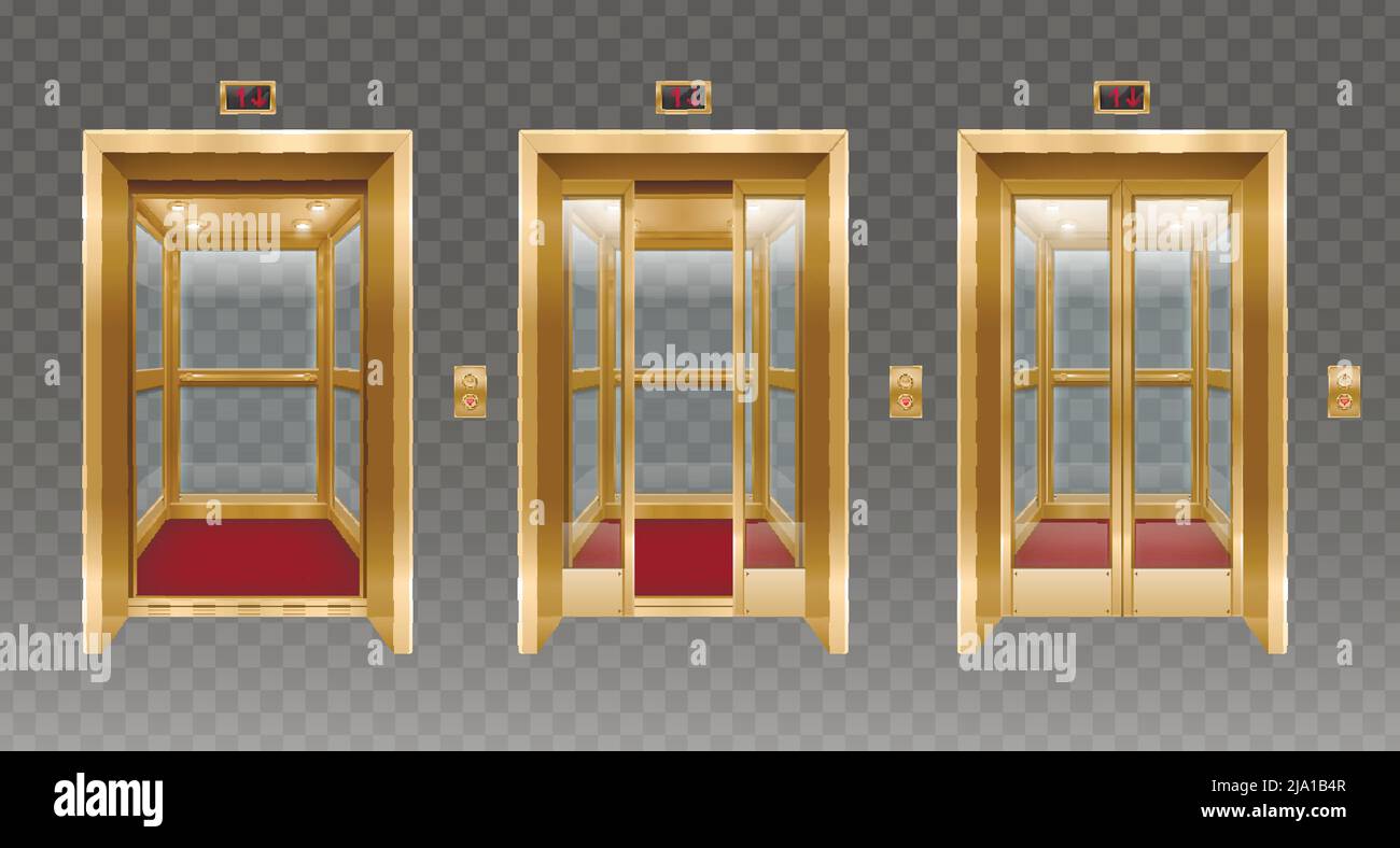 Set of three isolated elevator door realistic images with transparent background and vintage style side post vector illustration Stock Vector