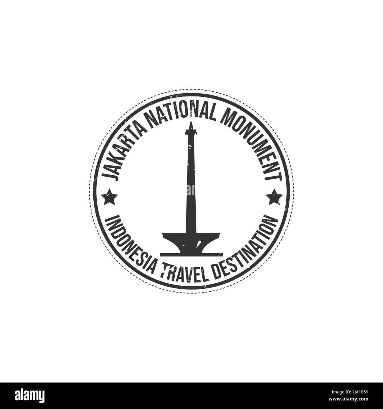 Grunge rubber stamp with the text Jakarta travel destination written inside the stamp. Time to travel. Jakarta skylines and national monument or monas Stock Vector