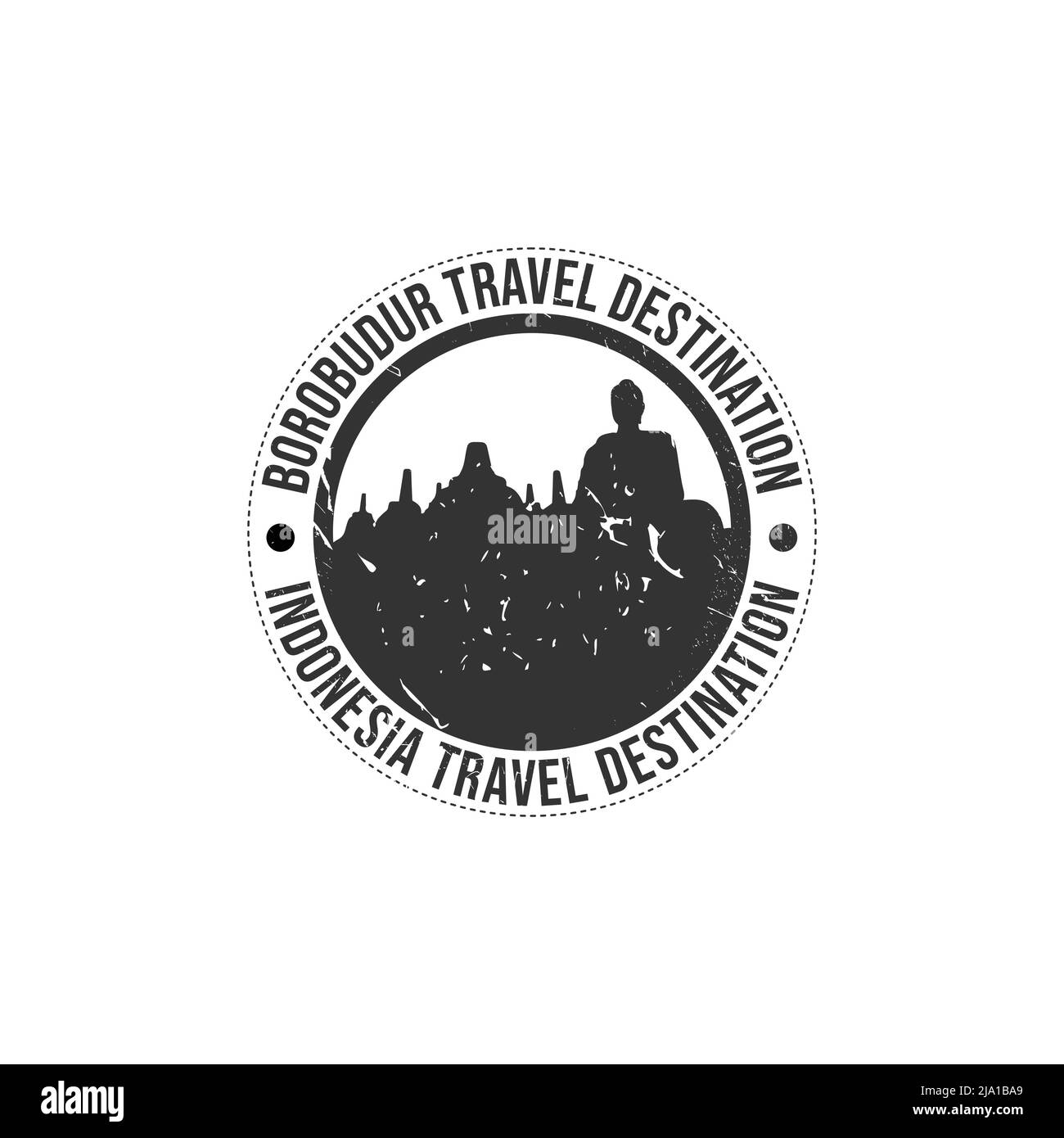 Grunge rubber stamp with the text Borobudur travel destination written inside the stamp. Time to travel. Silhouette borobudur temple indonesia histori Stock Vector