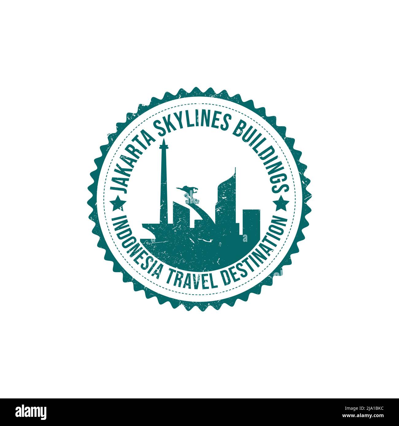 Grunge rubber stamp with the text Jakarta travel destination written inside the stamp. Time to travel. Jakarta skylines and national monument or monas Stock Vector