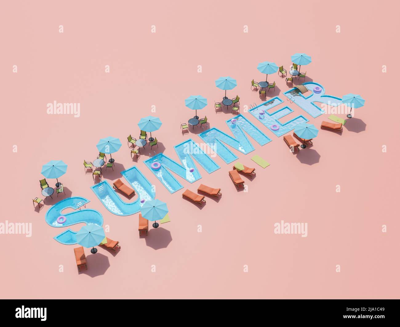 isometric view of the word SUMMER in the shape of a swimming pool with sunshades, tables and sunbeds around it. 3d rendering Stock Photo