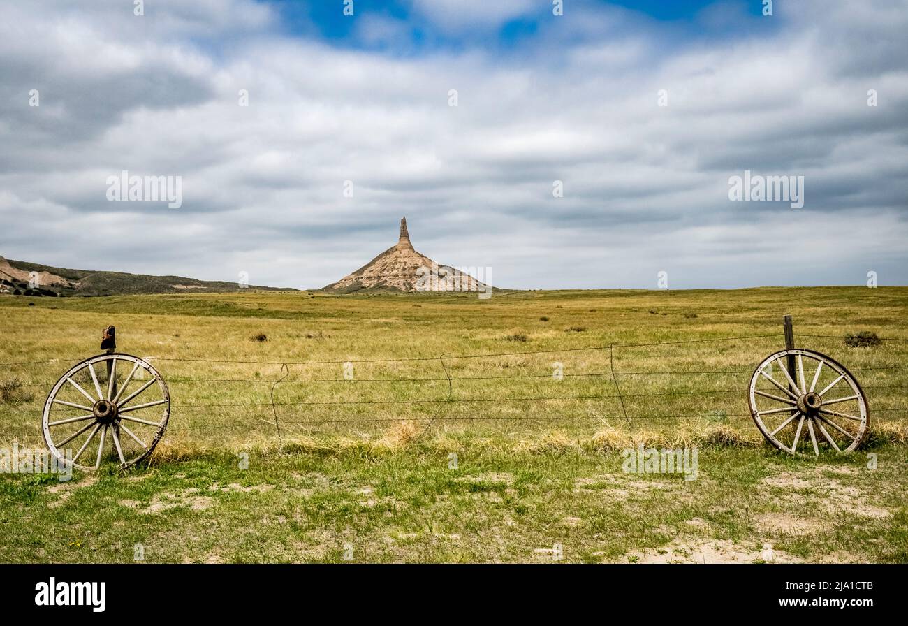 Chimney Rock National Historic Site was a  landmark along the Oregon Trail, the California Trail, and the Mormon Trail near Bayard, Nebraska USA Stock Photo