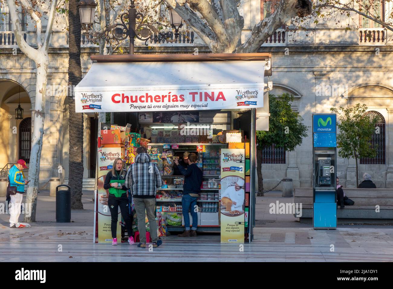 February 7, 2018 : Seville Kiosk Chucherias Tina On Plaza Nueva Seville Spain, Kiosco de Chucherias Tina, Has Since Closed Down Stock Photo