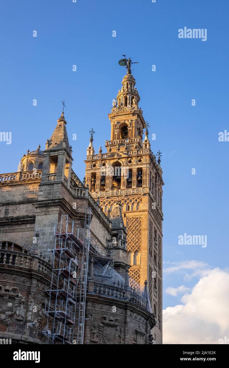 The Giralda Bell Tower Of Seville Cathedral With The Giraldillo Weather Vane On Top Of The Belfry The Cathedral of Saint Mary of the See Seville Spain Stock Photo