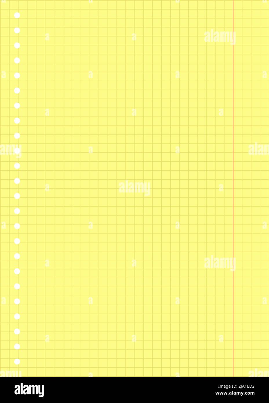 Blank notebook sheet with margins and yellow squares with holes for stitching For planner, school, print A5 Checkered pattern Papers homework and exer Stock Vector