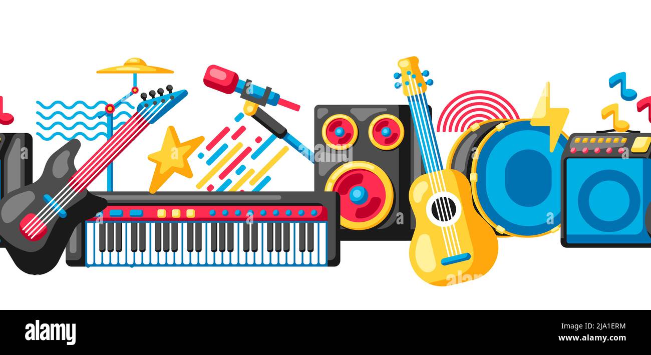 Seamless pattern with musical instruments. Music party or festival background. Stock Vector