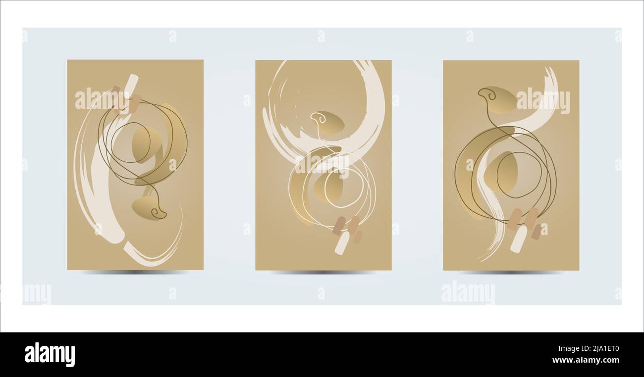 3 Abstract Designs Contemporary Art Circle Bubble Doodles Hand Drawn Card Postcard Gold Sand Ivory Colors Stock Vector