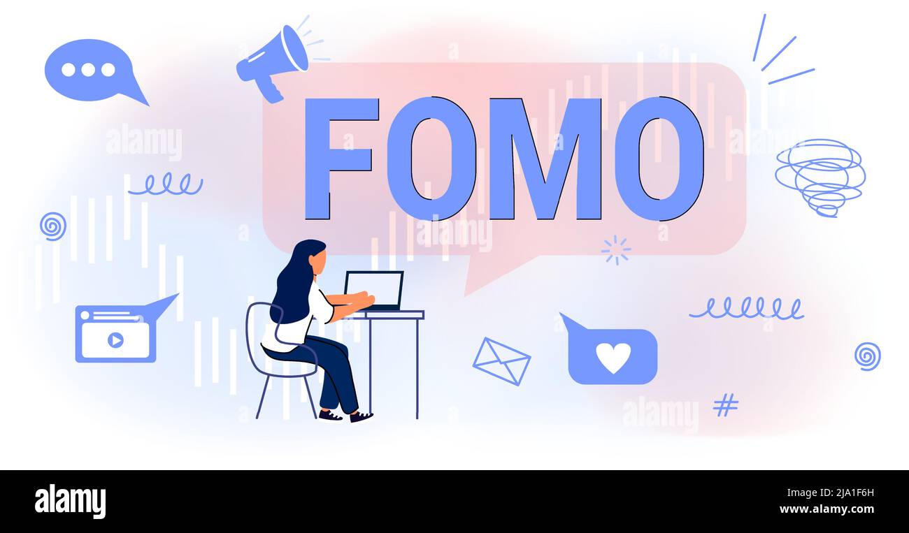 FOMO Fear of missing out Vector illustration concept Social anxiety cause and symptom Pervasive apprehension Afraid absent regrets Law of attraction P Stock Vector