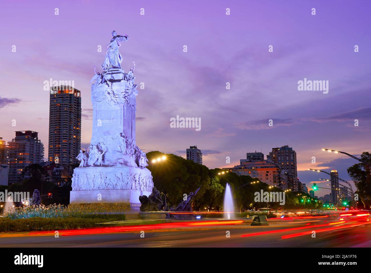 The 'Monument to the Carta Magna and Four Regions of Argentina', commonly known as the 'Monument of the Spanish' at twilight, Buenos Aires, Argentina. Stock Photo