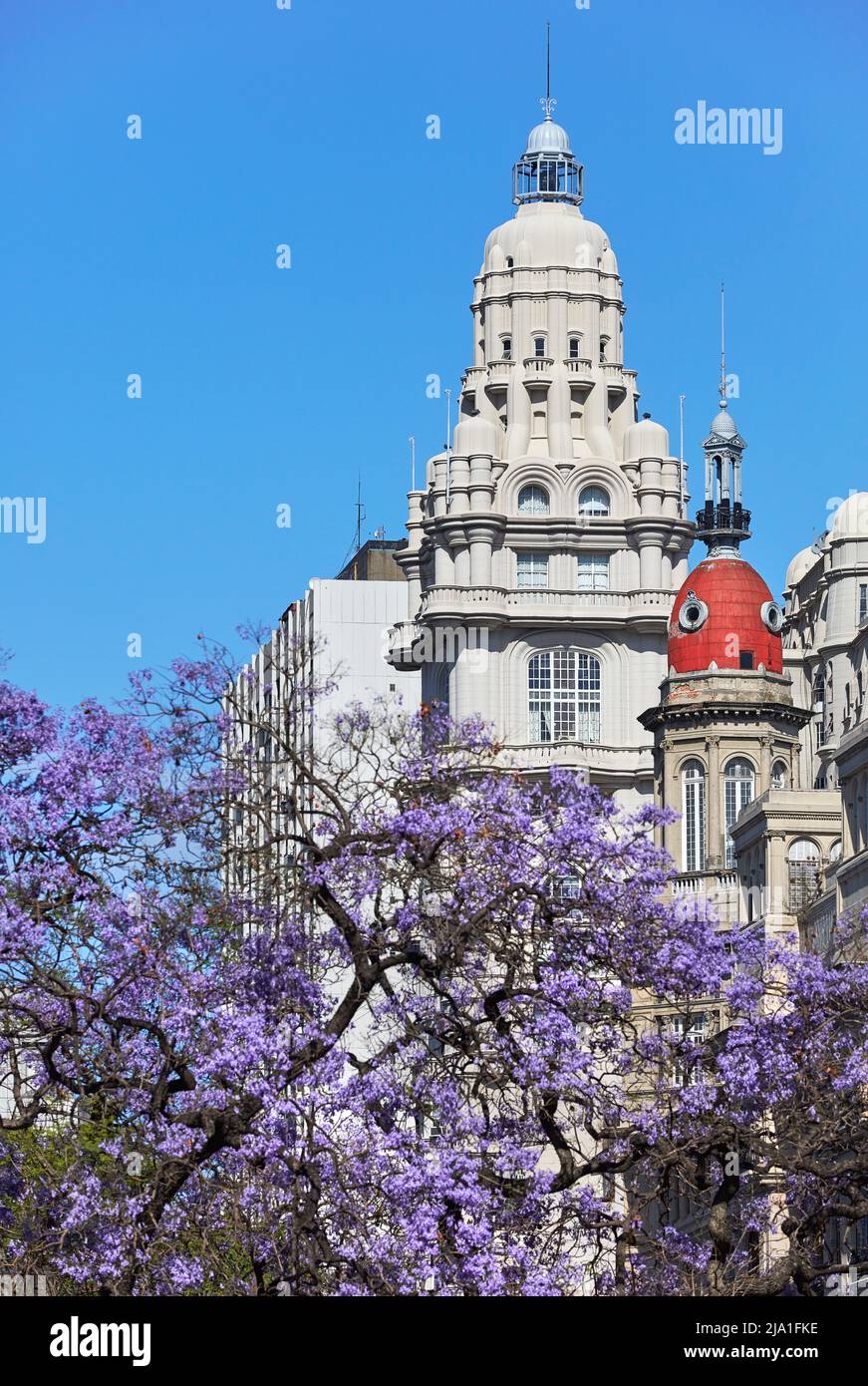 The towers of the 'Palacio Barolo' and 'La Inmobiliaria' building during springtime, with Jacaranda trees. Monserrat, Buenos Aires, Argentina. Stock Photo