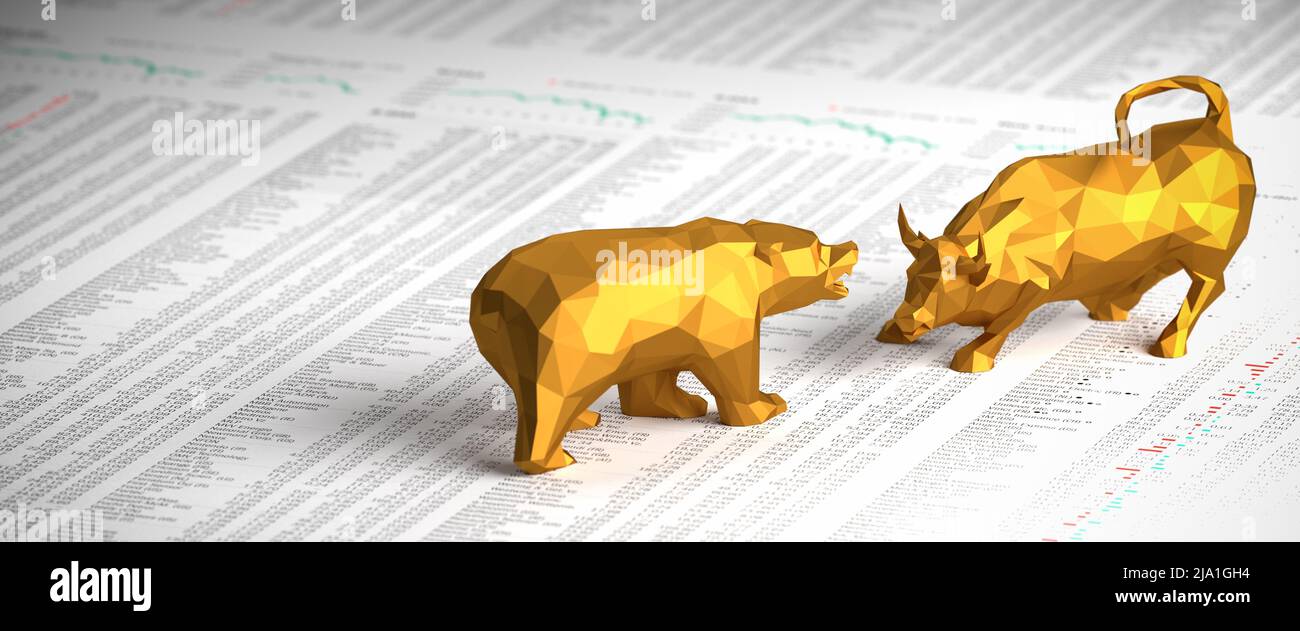 A golden bull and bear on stock exchange prices. Shallow depth of field. Web banner format Stock Photo