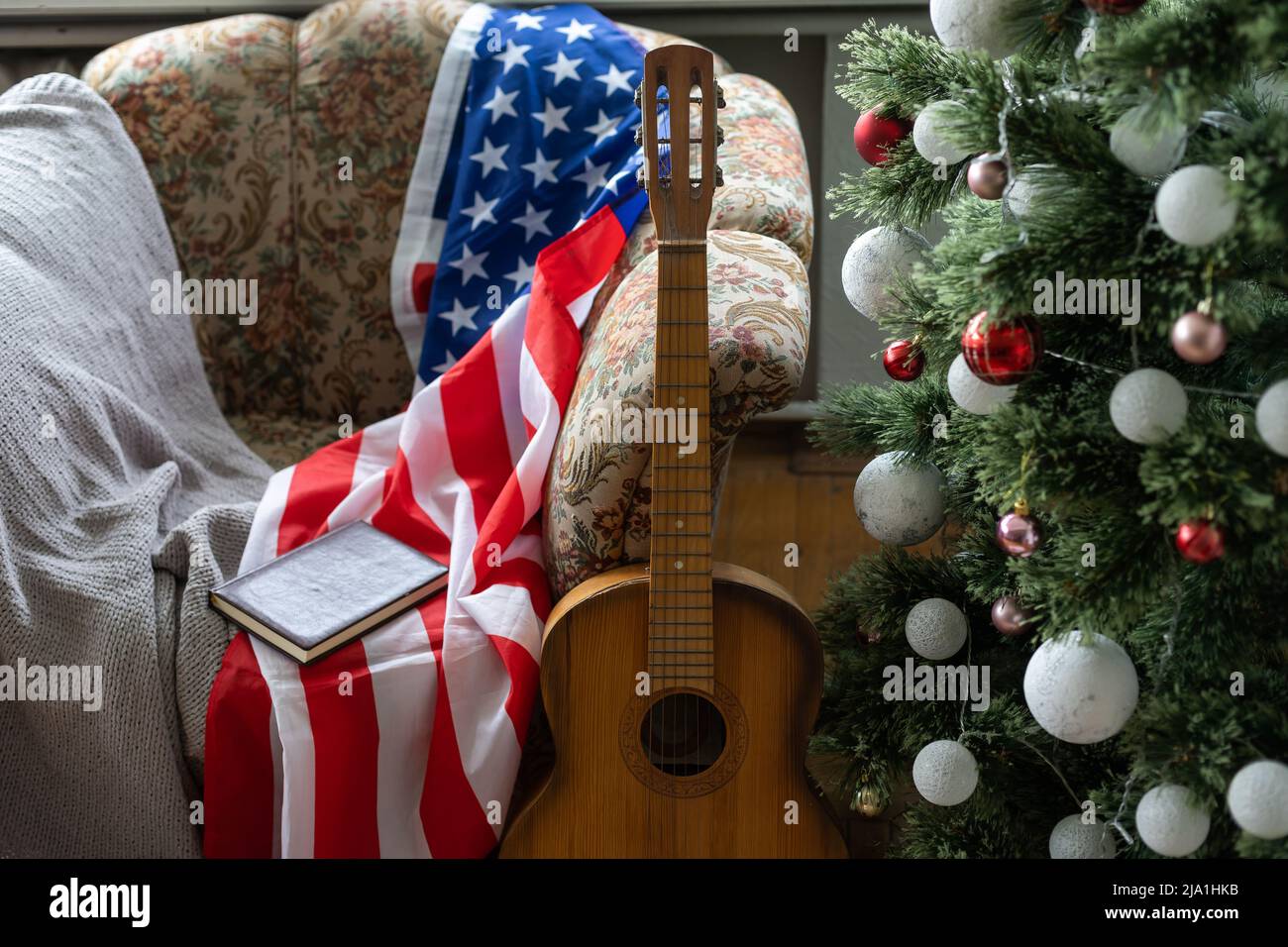 American flag and christmas tree background Stock Photo - Alamy