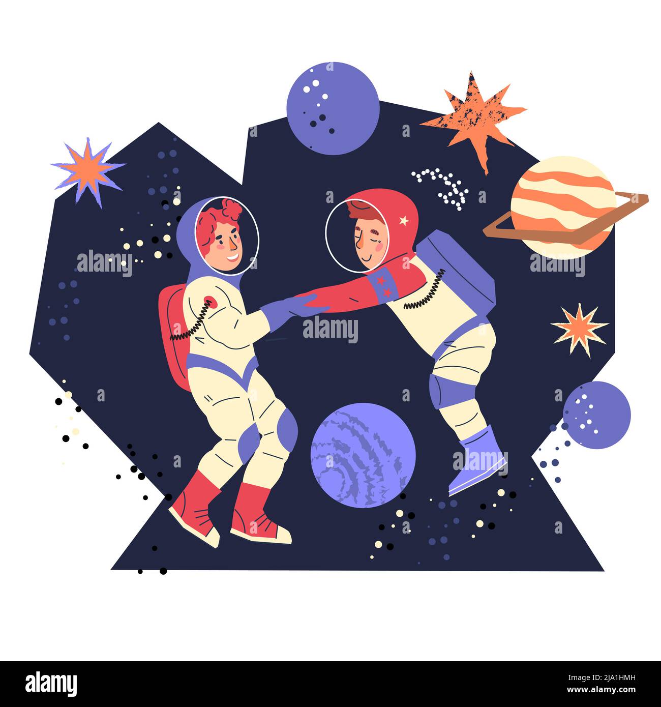 Kids astronauts in cosmic suits having fun and jumping for joy in outer ...