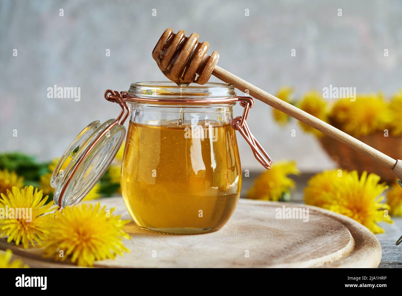 Dandelion honey made from fresh flowers collected in spring Stock Photo