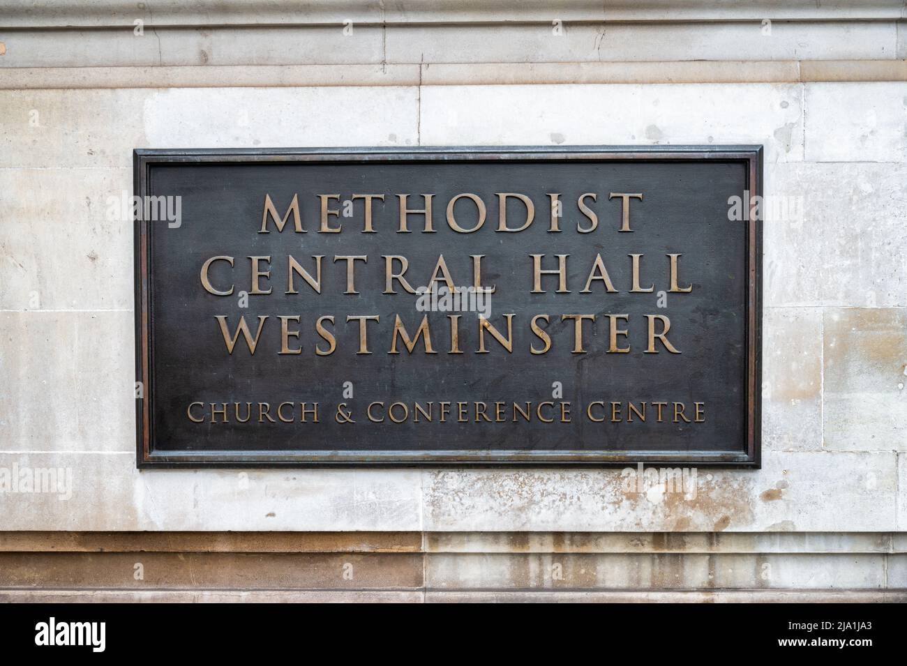 London, UK- May 3, 2022: The sign for Methodist Central Hall Westminster in London Stock Photo