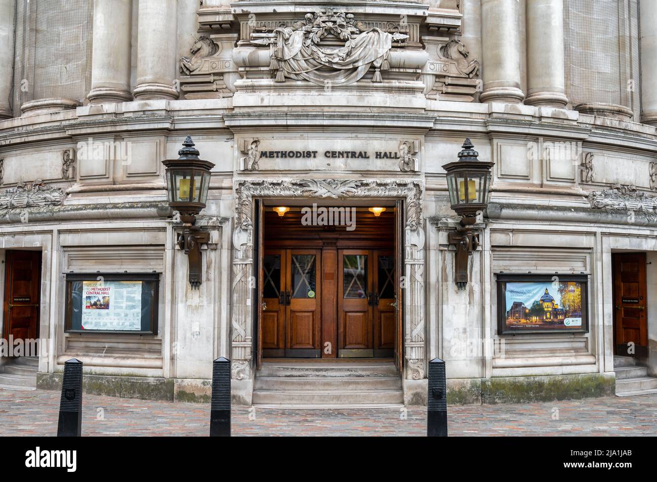 London, UK- May 3, 2022: The entrance for Methodist Central Hall Westminster in London Stock Photo