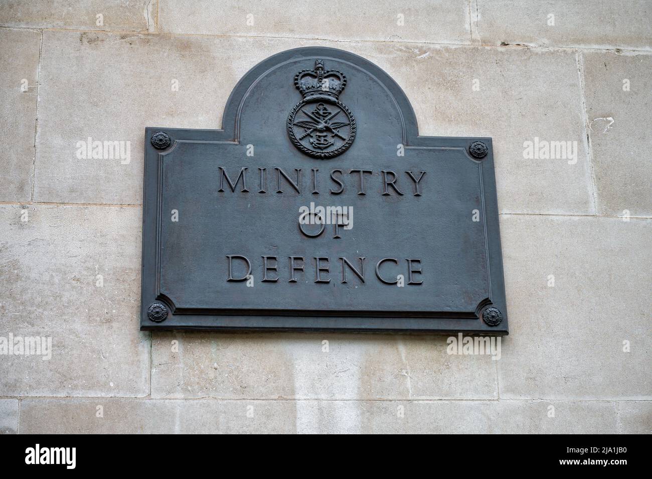 London, UK- May 3, 2022: The sign for the Ministry of Defence building  in London Stock Photo