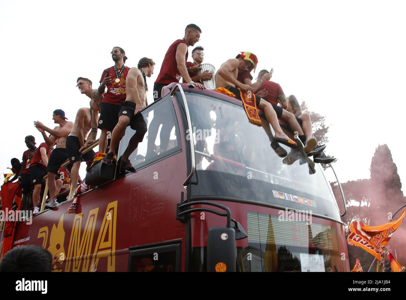 Rome, Italy. 26th May, 2022. Rome, The Roma football team parades on an ...