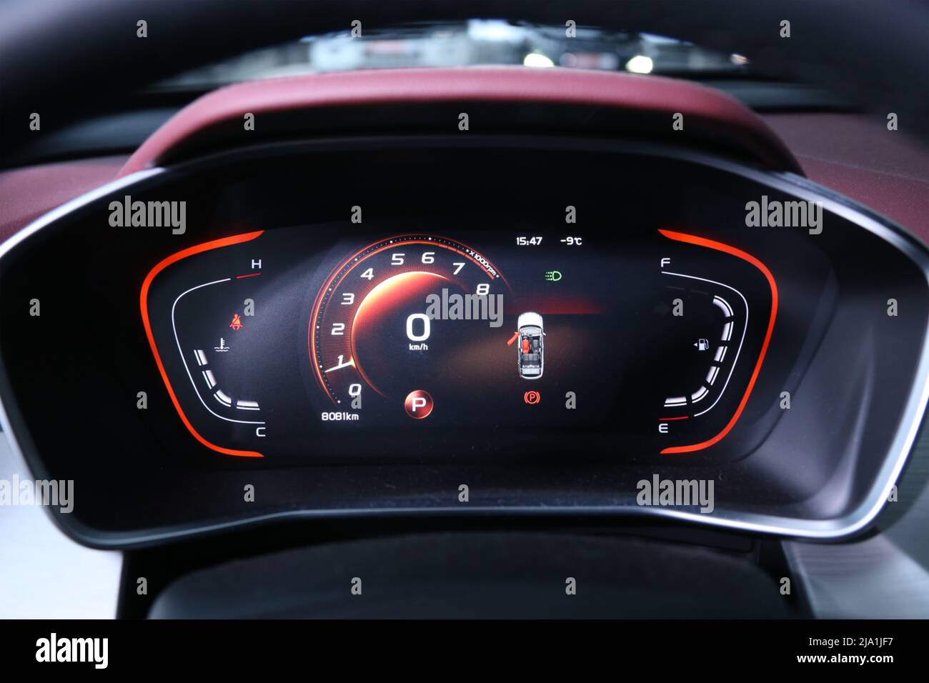 Digital instrument panel in a modern car. Meter of modern hybrid car ...