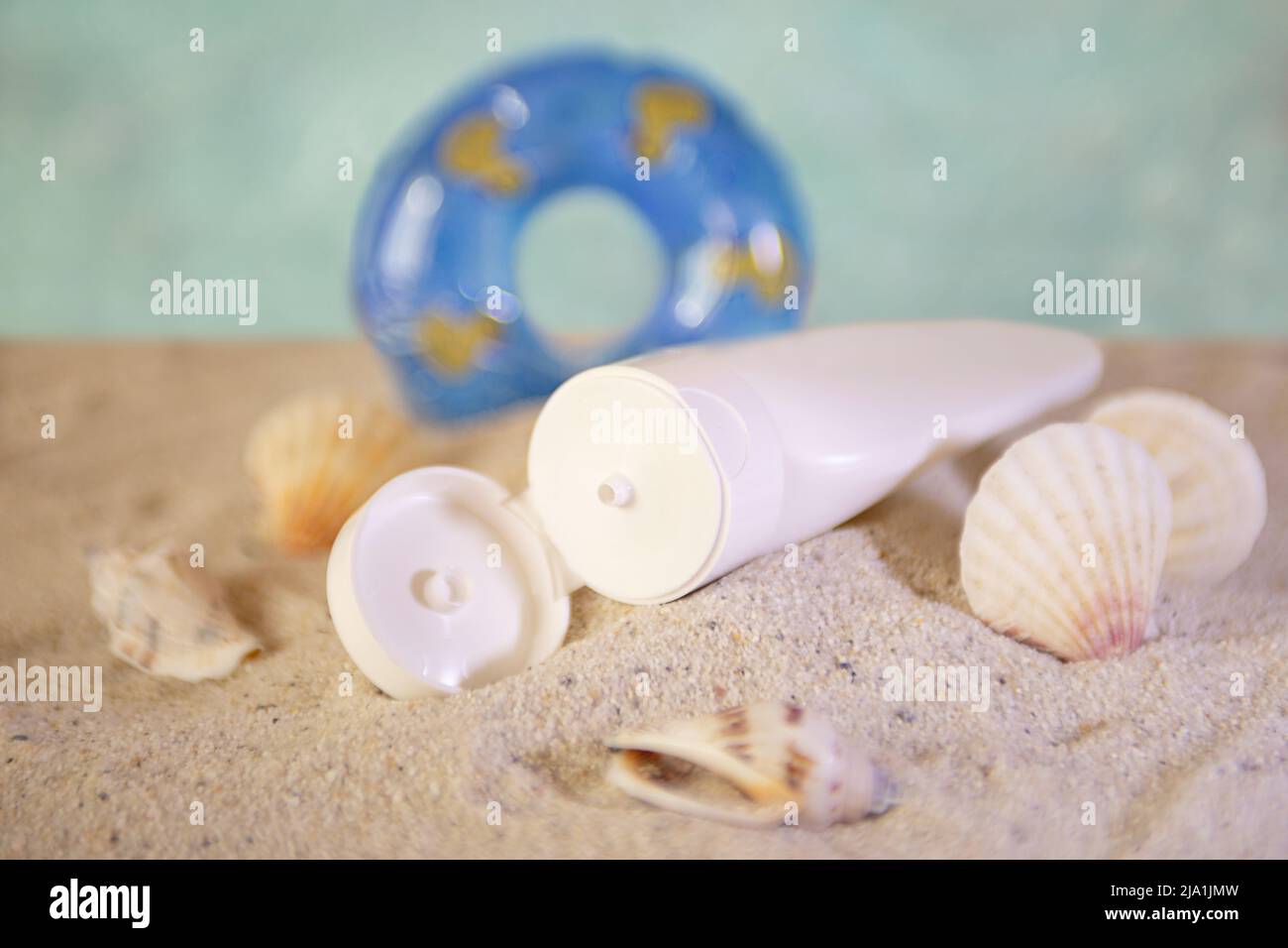 Decorative swimming circle and blank tube with sea shells near it ...
