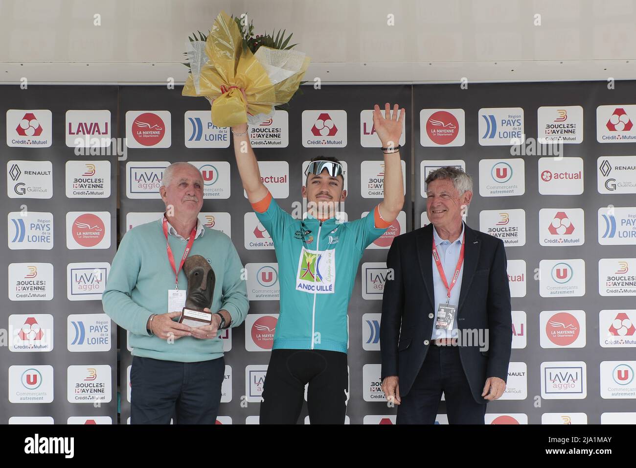 Andouille, France, May 26, 2022, Jason Tesson (FRA) team St-Michel-Auber 93 - Continental - dossard 171, 24 ans, (Vainqueur d etape - Vainqueur classement general - Vainqueur classement aux points - Vainqueur meilleur espoir) during the Boucles de la Mayenne 2022, UCI ProSeries cycling race, Stage 1, Saint-Pierre-des-Landes > Andouille (180 Km) on May 26, 2022 in Andouille, France - Photo: Stephane Allaman/DPPI/LiveMedia Stock Photo