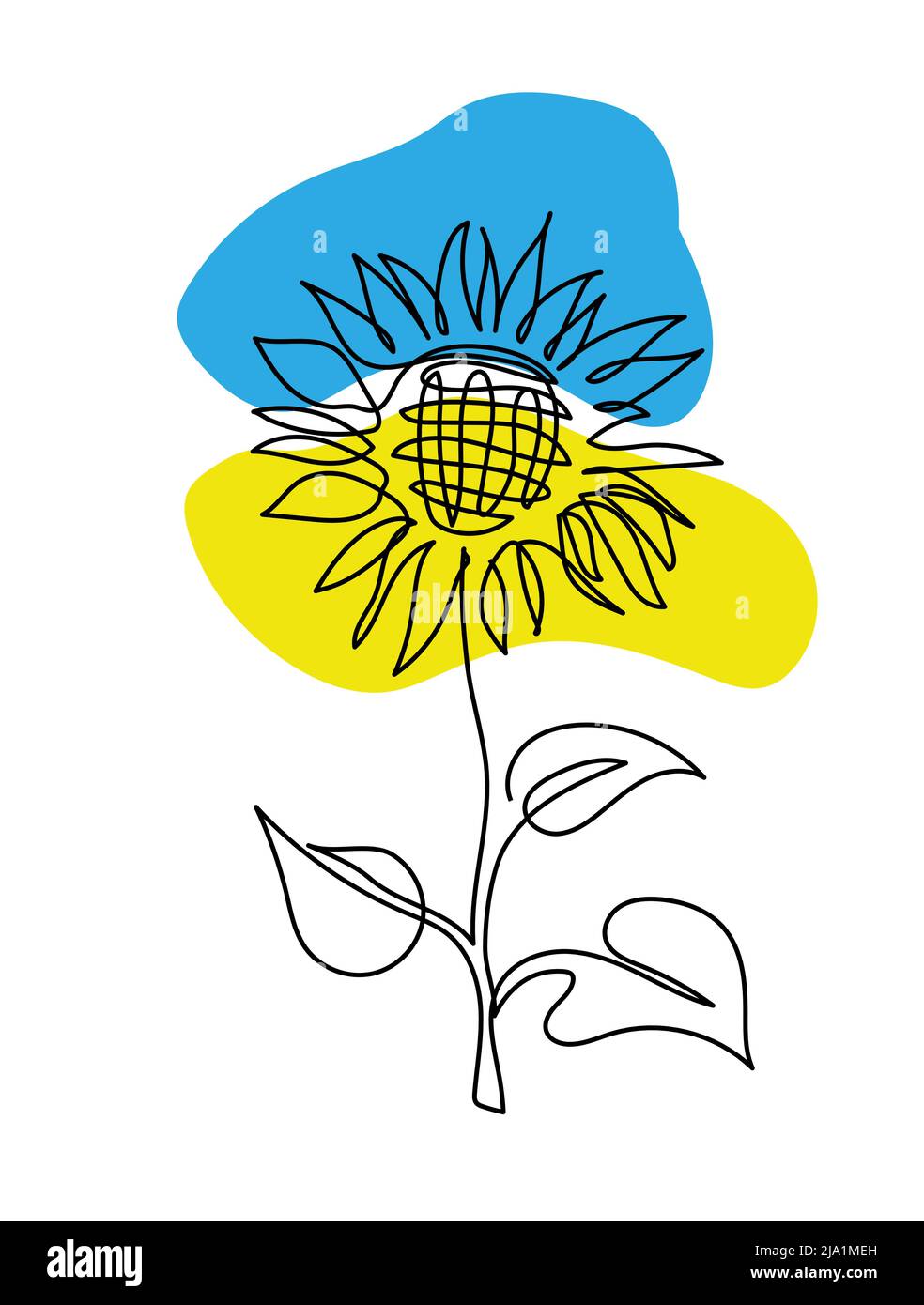 Single sunflower simple vector line illustration. One line art drawing of sunflower with colors of ukrainian flag blue and yellow Stock Vector