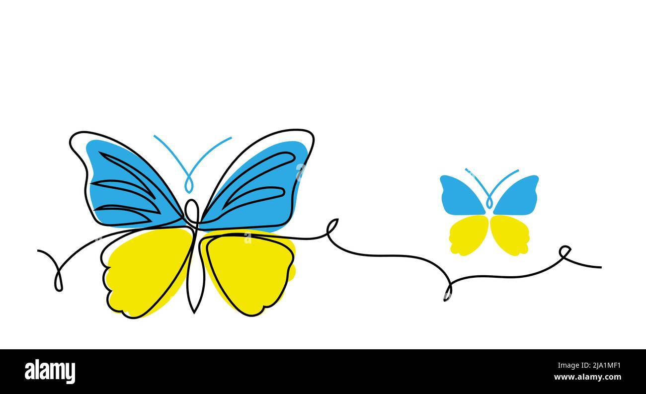 Butterfly vector line illustration. One line art drawing of butterfly with colors of ukrainian flag blue and yellow Stock Vector