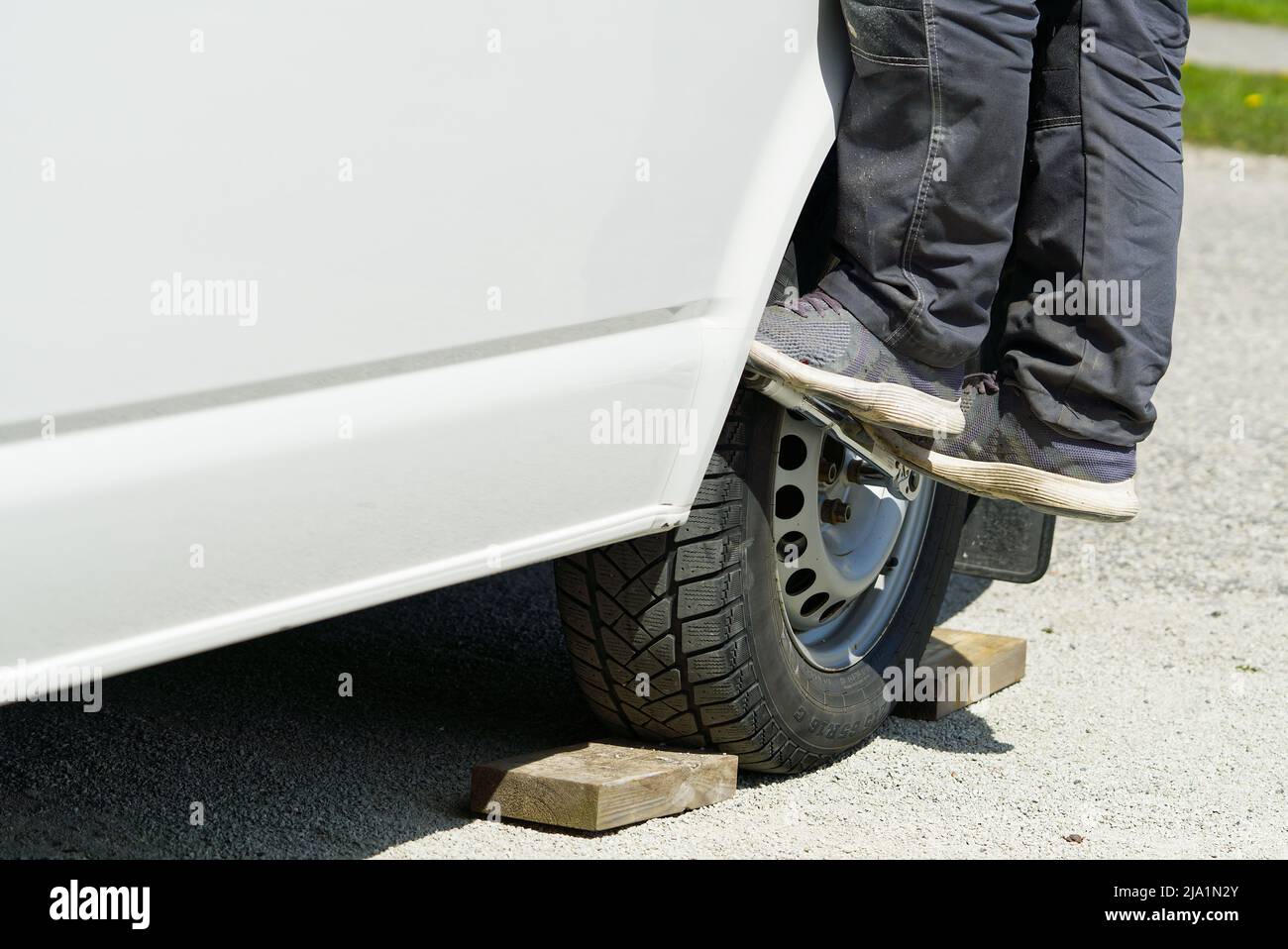 Mechanic replaces the car wheel. car repair garage in your home Stock