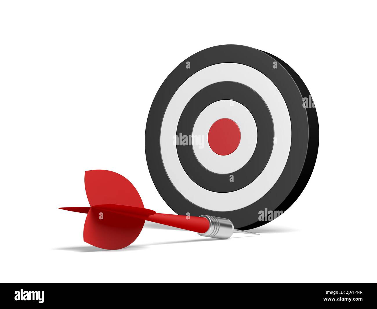 Dart and dartboard isolated on white background. Red dart missed the target. Failure concept. A missed opportunity. 3d illustration. Stock Photo
