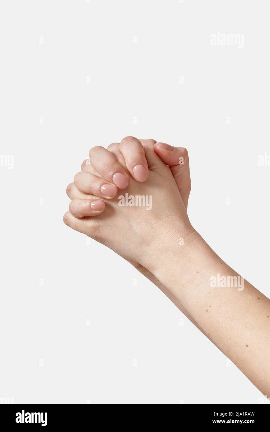 Hand lock female hands on white background Stock Photo Alamy