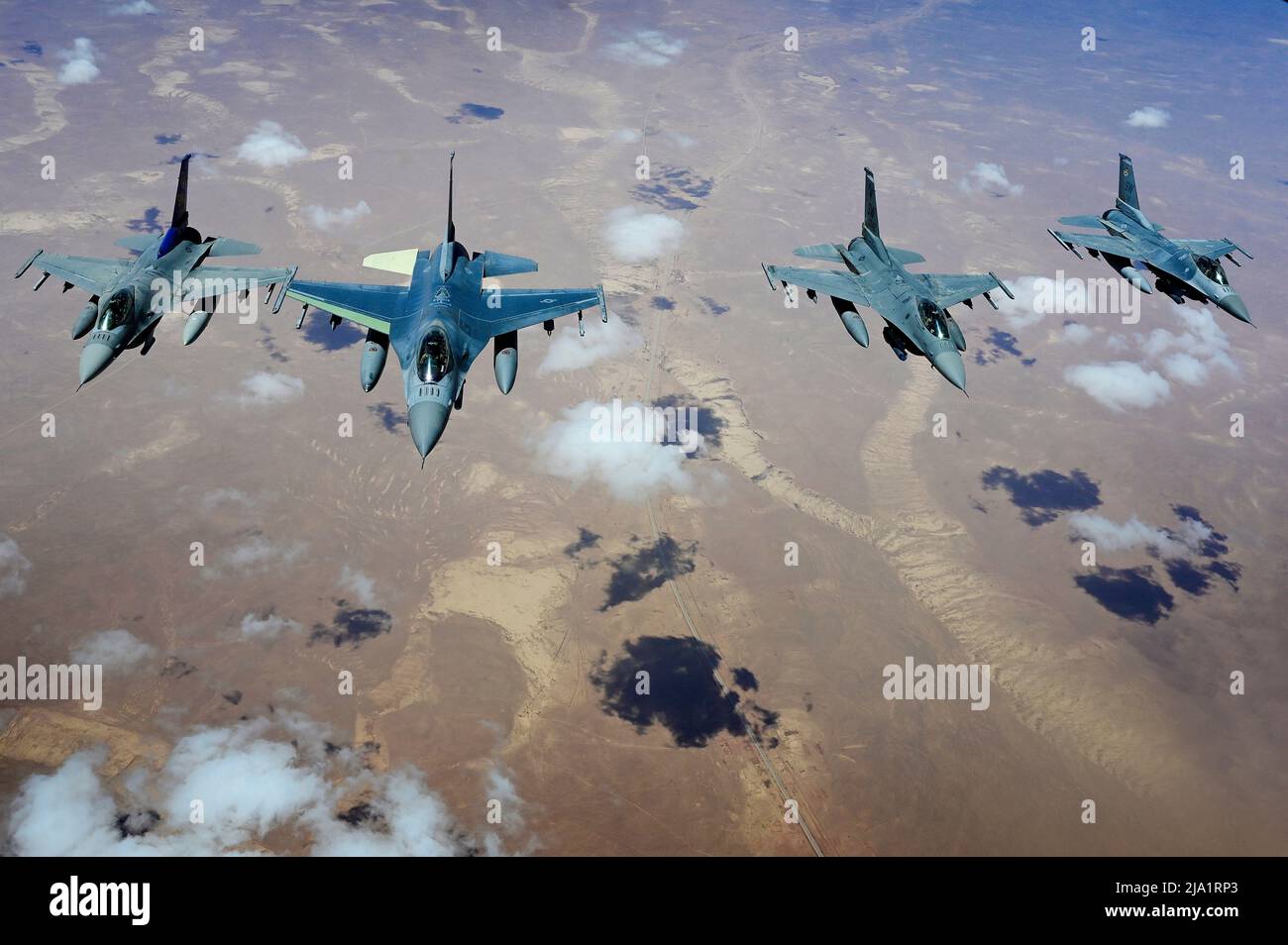 Al Udeid Air Base, Qatar. 8th May, 2022. U.S. F-16 Fighting Falcon aircraft assigned to the 55th Expeditionary Fighter Squadron conducts aerial operations in the U.S. Air Forces Central area of responsibility May 8, 2022. The 55th EFS delivers airpower and showcases U.S. commitment to deterrence and regional stability. Credit: U.S. Air Force/ZUMA Press Wire Service/ZUMAPRESS.com/Alamy Live News Stock Photo